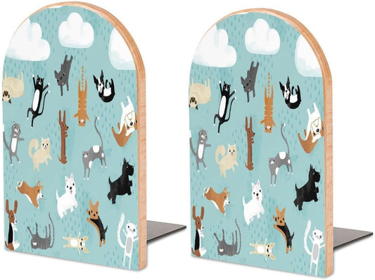 Rain Cat and Dog Wooden Bookend Non-Slip Book Ends Heavy Duty Book Stopper with Metal Base Books Holderd Decorative Bookends Stands Firmly for Office Supplies