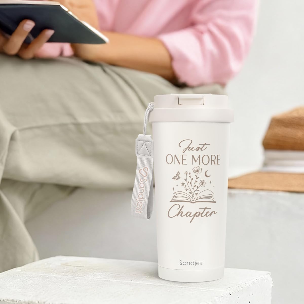 SANDJEST Book Lover Stainless Steel 2-in-1 Lid Coffee Tumbler 18 oz, Just One More Chapter Insulated Travel Mug Gift for Women Girls Friends Bookworm, Gift Idea for Birthday Christmas