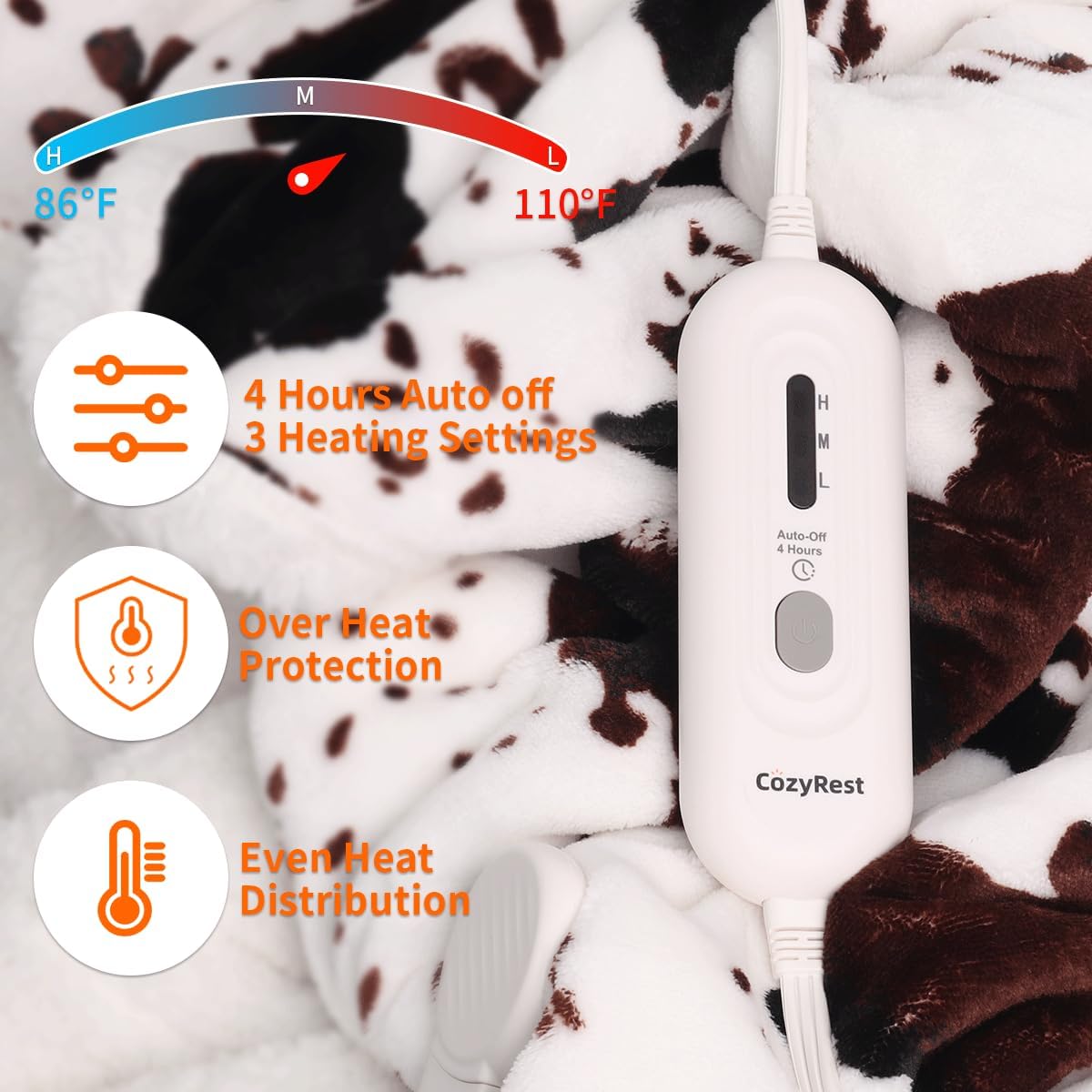 Cow Print Electric Blanket Heated Throw Blanket with 3 Heat Settings & 4-Hour Auto Shutoff, Fast Heating, Soft Flannel & Sherpa Fleece, Machine Washable, 50 x 60 Inches (Beige Cow Stripes, Throw)