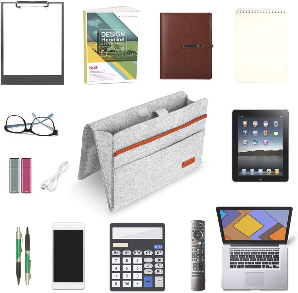 Bed Organiser, Felt Bed Bag, Non-Slip Bedside Bag, Sofa Bed Hanging Storage for Book, Magazines, iPad, Mobile Phone, Remote Control, Light Grey