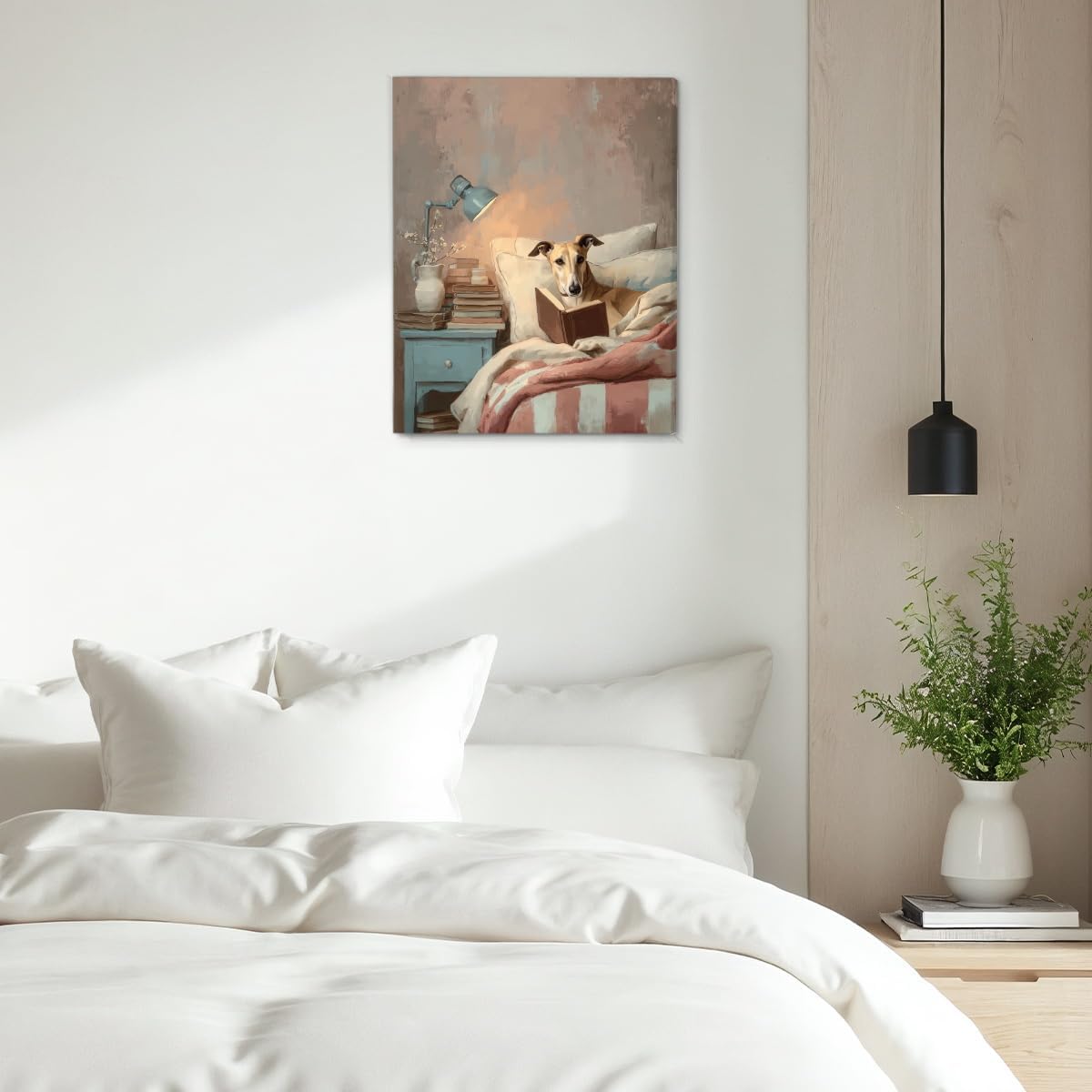 Greyhound Reading Wall Art Vintage Bookish Dog Canvas Print Poster Cozy Animal Wall Decor for Home Bedroom 8x10 Inch Framed