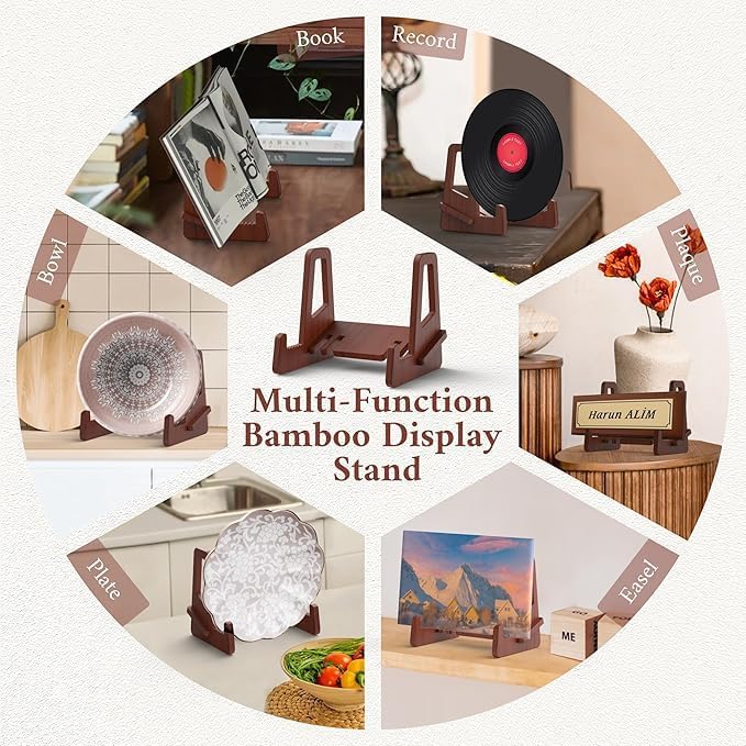 Teamkio Plate Stand for Display, 6.5 Inch Plate Holder for Cabinet, Anti-Slip Wave Display Stand for Large Deep Bowls Platters and Dishes, Bamboo Frame Holder Stand for iPad, Book, Picture, Decorative Plate(6.5'' H x 7.9" W x 5.9" D)