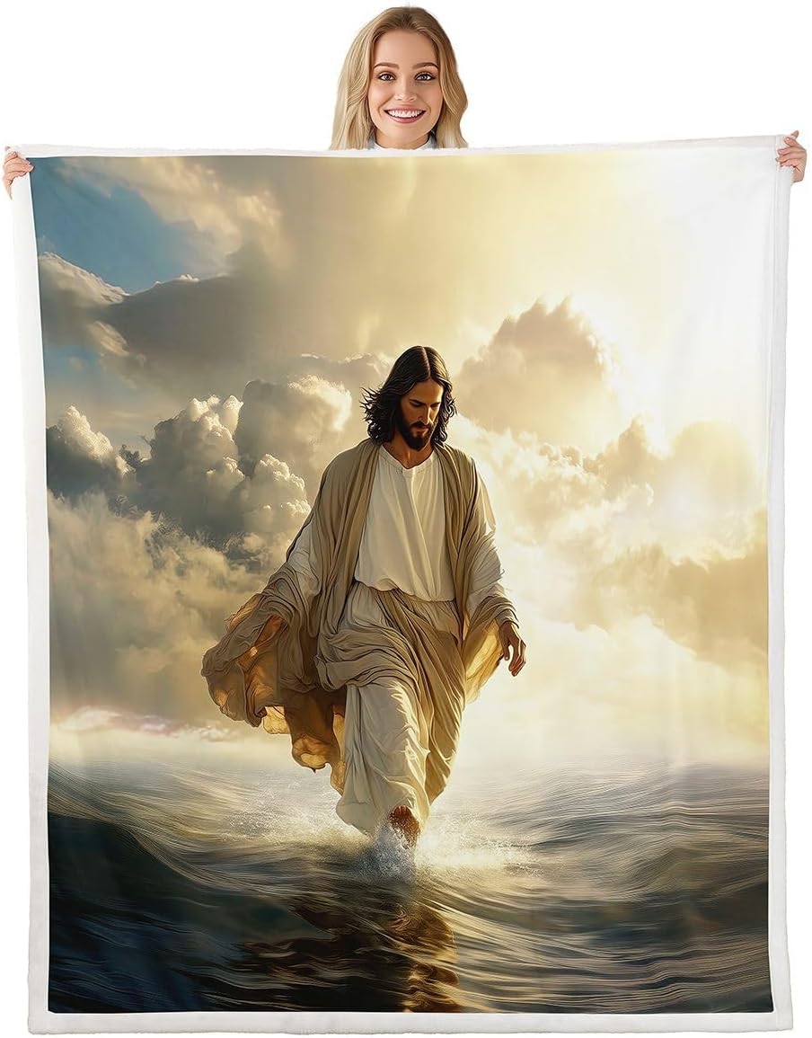 Manfei God Walking on Water Kids Throw Blanket,Western Faith Bible Verse Bed Blanket,Spiritual Modern Artwork Girls Boys Sofa Decor,Yellow Gray Fuzzy Blanket,40 x 50 Inches