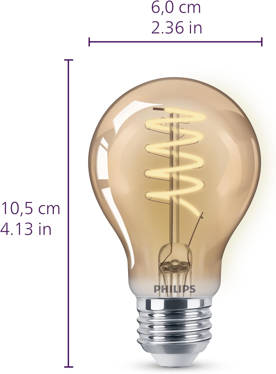 PHILIPS LED 60W A19 1-Pack Vintage Edison Spiral Amber (2000K) 400 Lumen (6.5W = 60W) Dimmable Flicker-Free Light Bulb