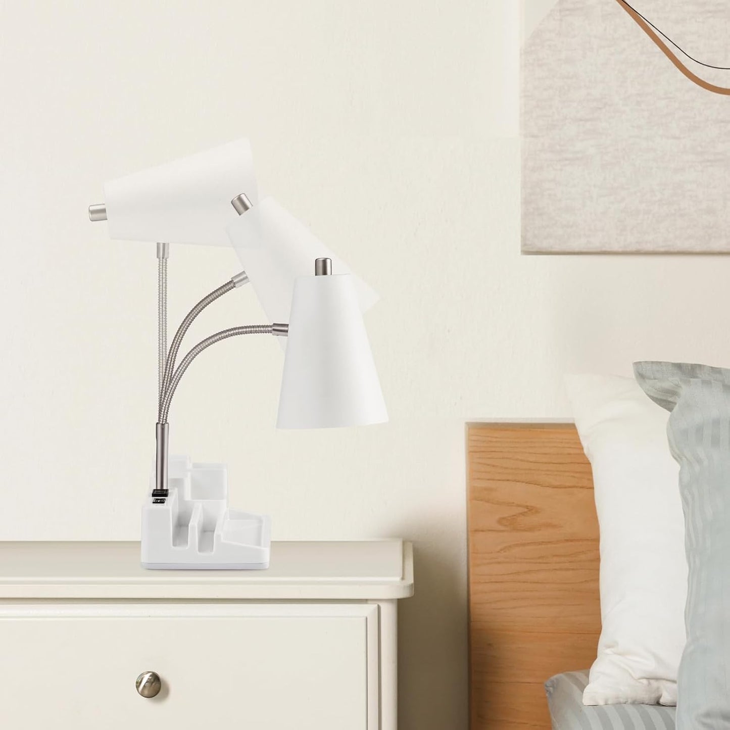 E26 Desk Lamp with 1 USB Charging Port and 1 AC Outlet, Organizer Base, Adjustable Neck, On/Off Switch, Modern Table Lamp for Reading, Working, Studying (White)