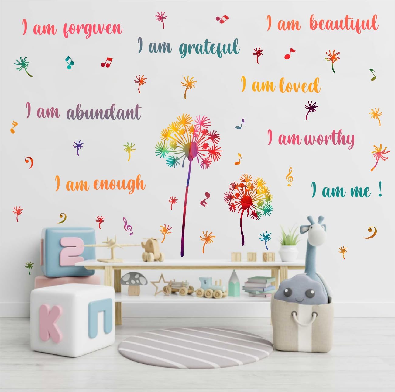 Colorful Dandelion Wall Stickers, Motivational Quote I Am Affirmation Vinyl Wall Decals, Removable Dandelion Flying Musical Note DIY Wall Art for Kids Bedroom Office Classroom Decor