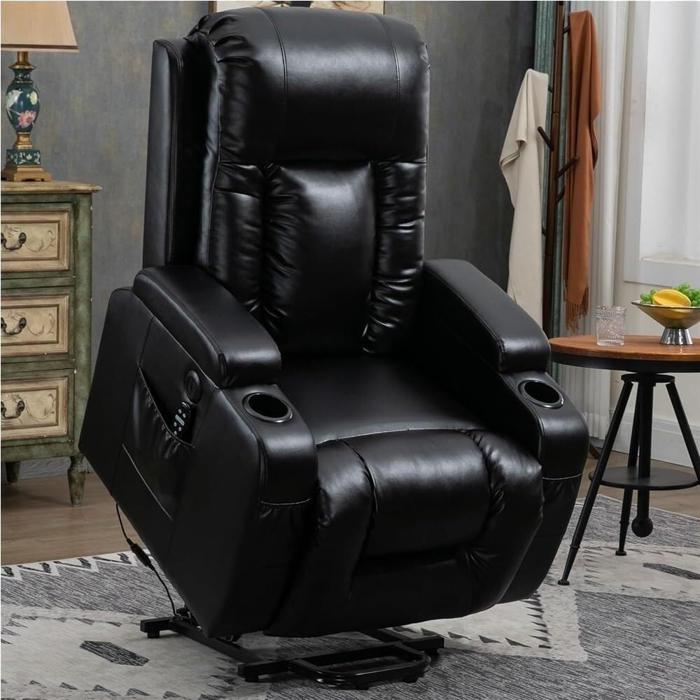 Heavy Duty Power Lift Recliner with Lumbar Massage & Heat Single Motor Electric Leather Recliner Chair for Elderly, Cup Holders, Charging Port, Comfortable Black Upholstered Sofa Seat