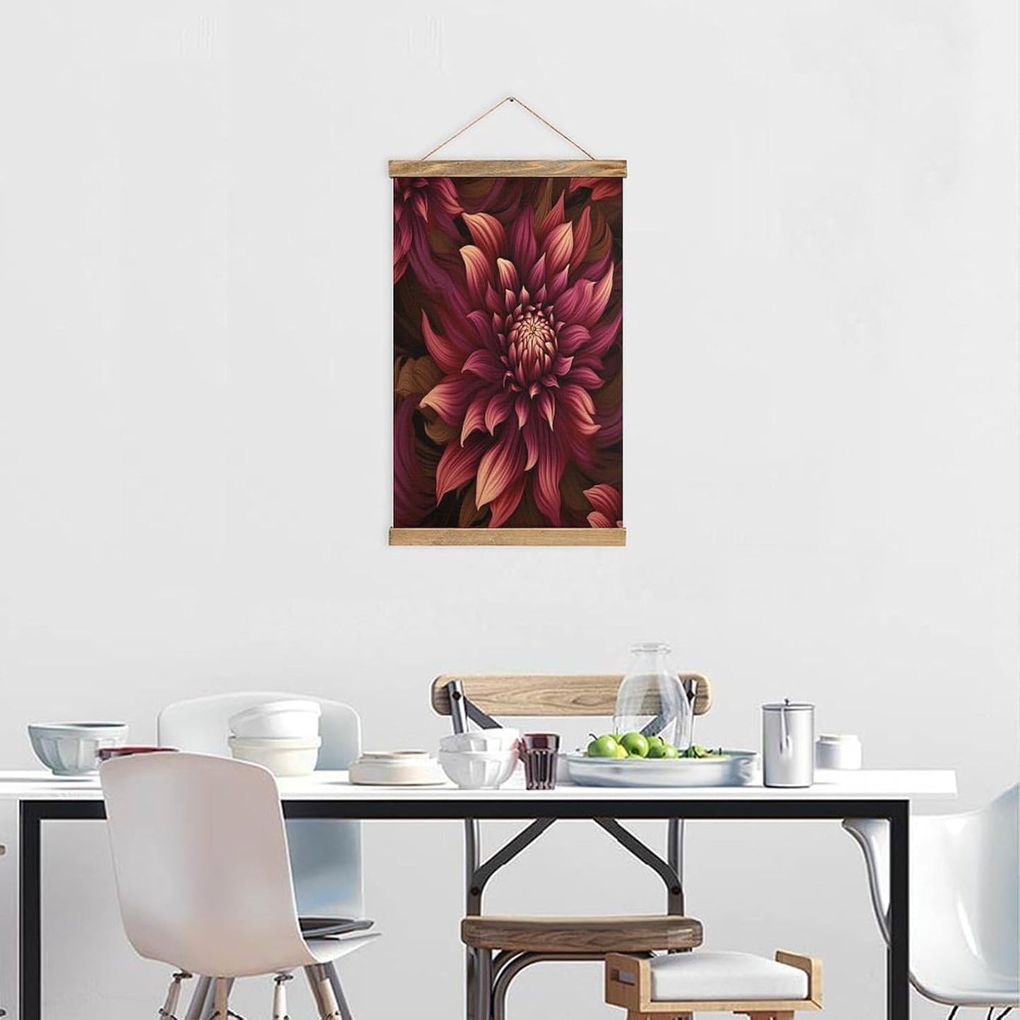 Vintage Wine Red Artistic Flower Poster with Wooden Frame Personalized Linen Hanging Scroll Painting Rustic Wall Hanging Illustrative Modern Artwork Decor for Home Living Room Bedroom Office
