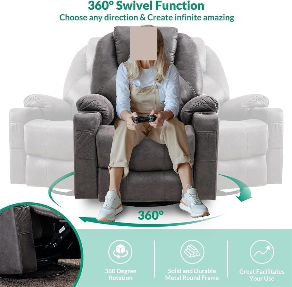 Ergonomic Swivel Rocker Recliner Chair with Massage and Heat, Gray Single Glider Lounge Sofa for Living Room, 2 Cup Holders and Built-in USB Ports