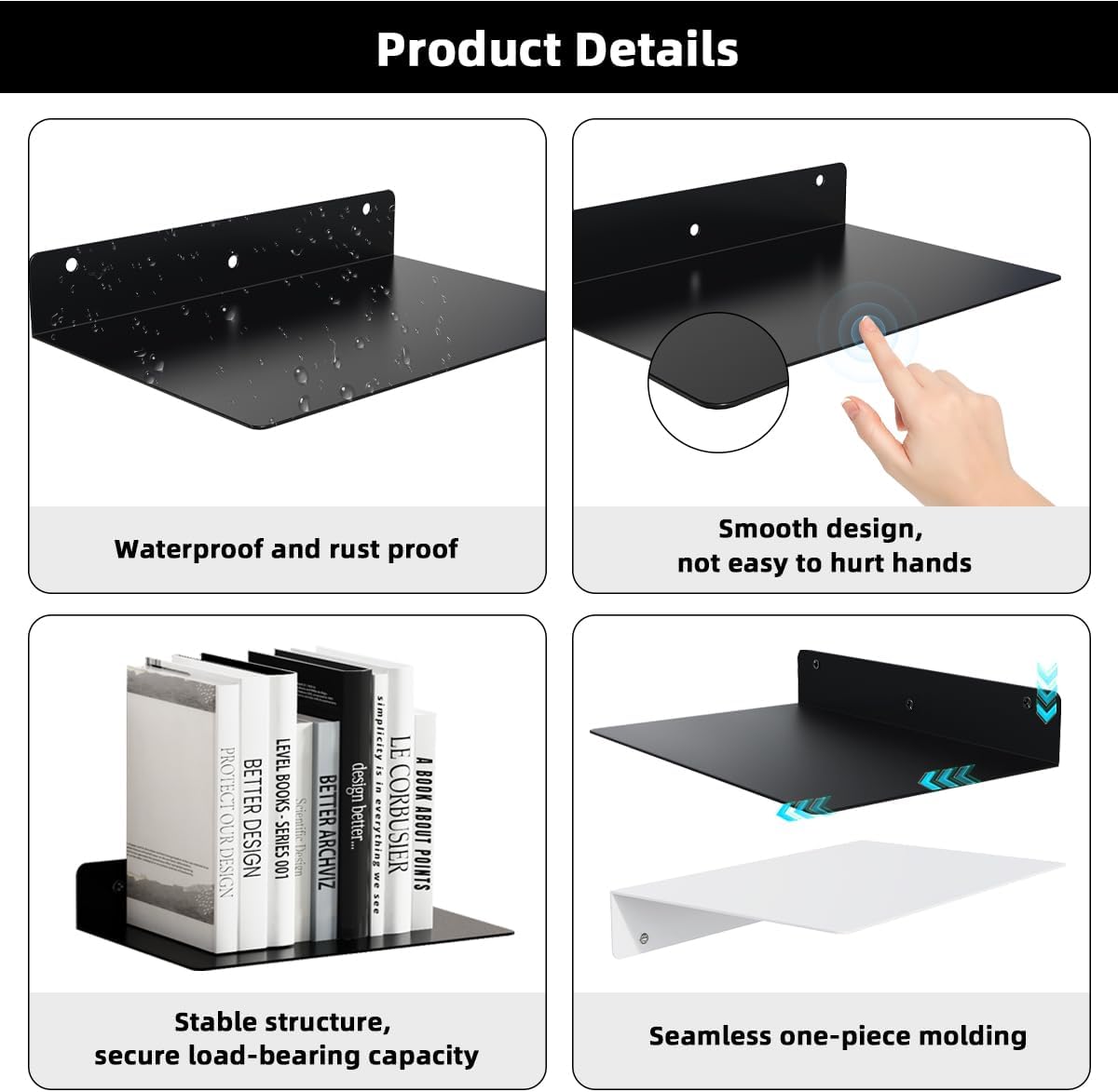Metal Floating Shelves for Wall Mounted Set of 2, Modern Minimalist Matt Black Book Shelf, Suitable with Bedroom Living Room Decor, Kitchen and Bathroom Accessories 6x4 inch(15x10cm)