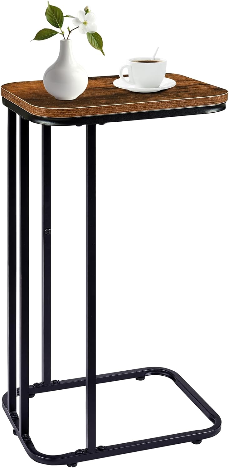 C Shaped End Table, 27 Inches High Small Side Table for Sofa and Bed, Couch Table Slides Under, Tall Tv Tray Table for Living Room, Bedroom, Metal Frame, Rustic Brown & Black