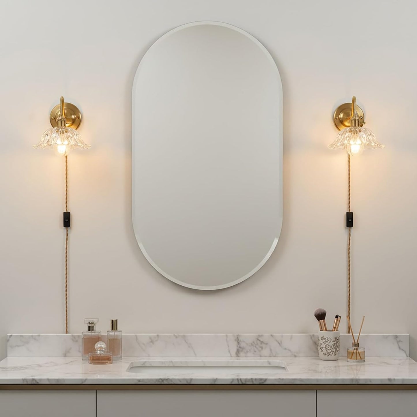 Vintage Plug-in Wall Sconce with Switch, Clear Snowflake Glass Shade, Brass Fixture, E26 Socket with Dual Switches, Plug-in or Hardwired for Bedroom, Reading Nook, Hallway, Kitchen Island