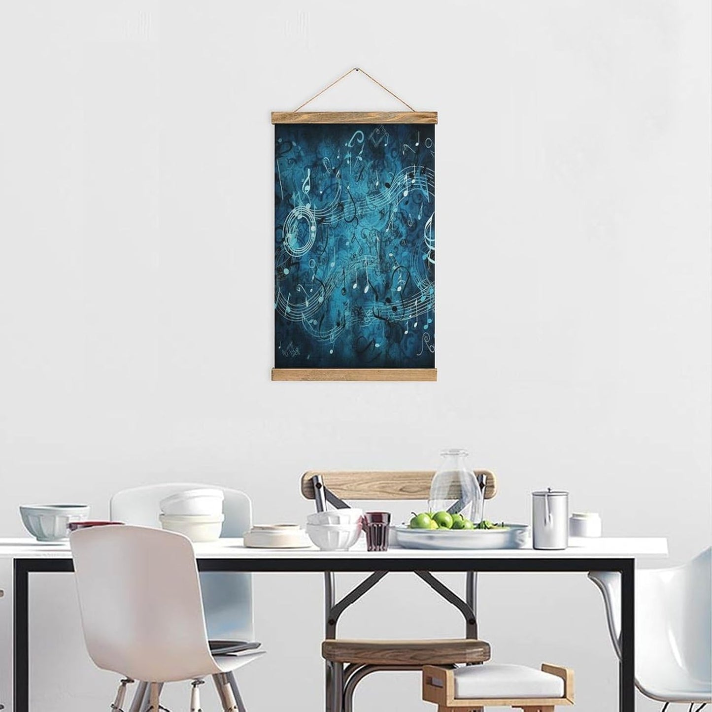 Vintage Blue Musical Notes Poster with Wooden Frame Personalized Linen Hanging Scroll Painting Rustic Wall Hanging Illustrative Modern Artwork Decor for Home Living Room Bedroom Office