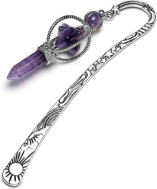 Jovivi Anqitue Silver Metal Bookmark Beading Bookmarks with Amethsyt Crystal Quartz Merkaba Hexagonal Pointed Bead