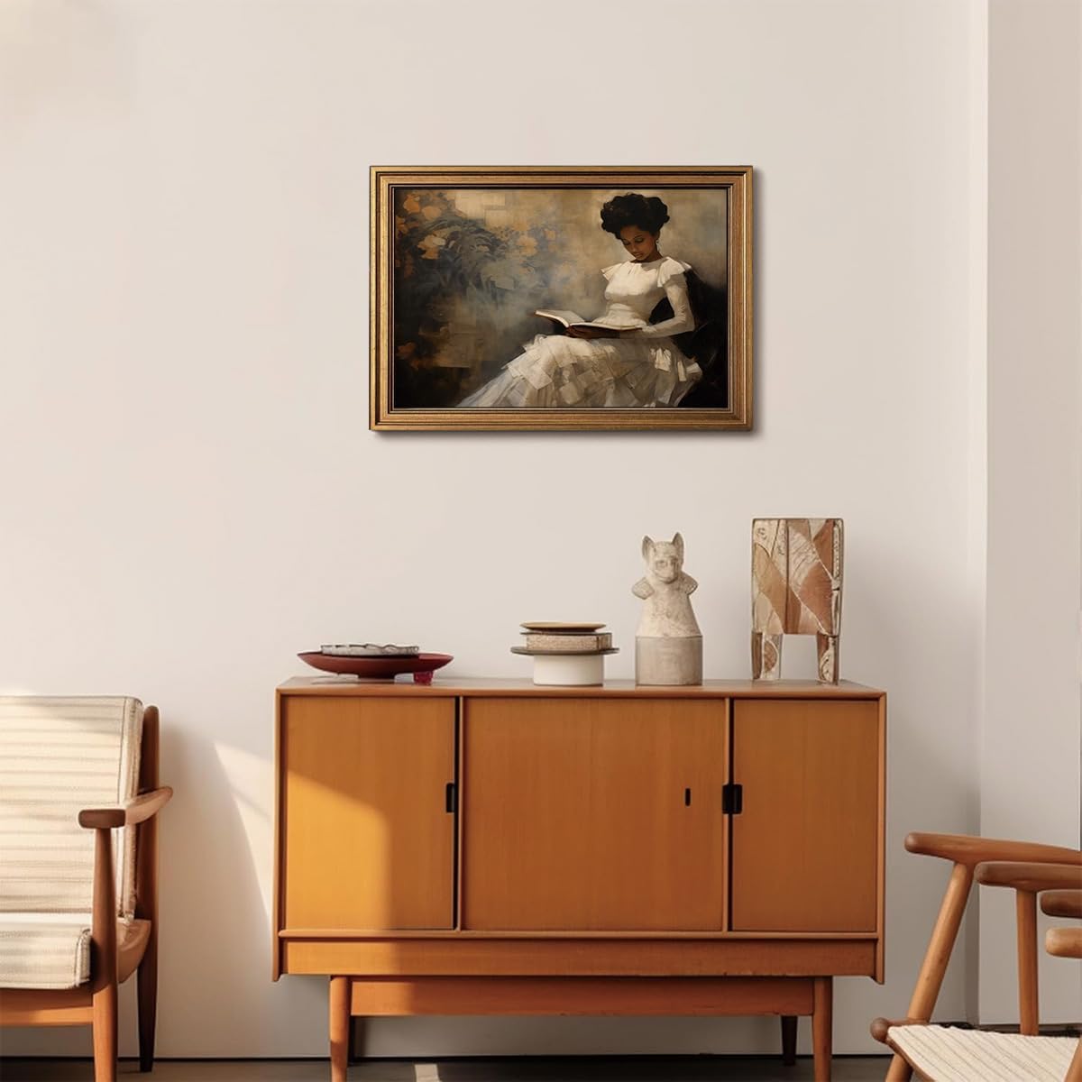 Gold Framed Wall Art Vintage Canvas Wall Art African American Black Girl Reading Book Artwork Prints Picture for Living Room Bedroom Farmhouse Bathroom Office Decor, 16x24