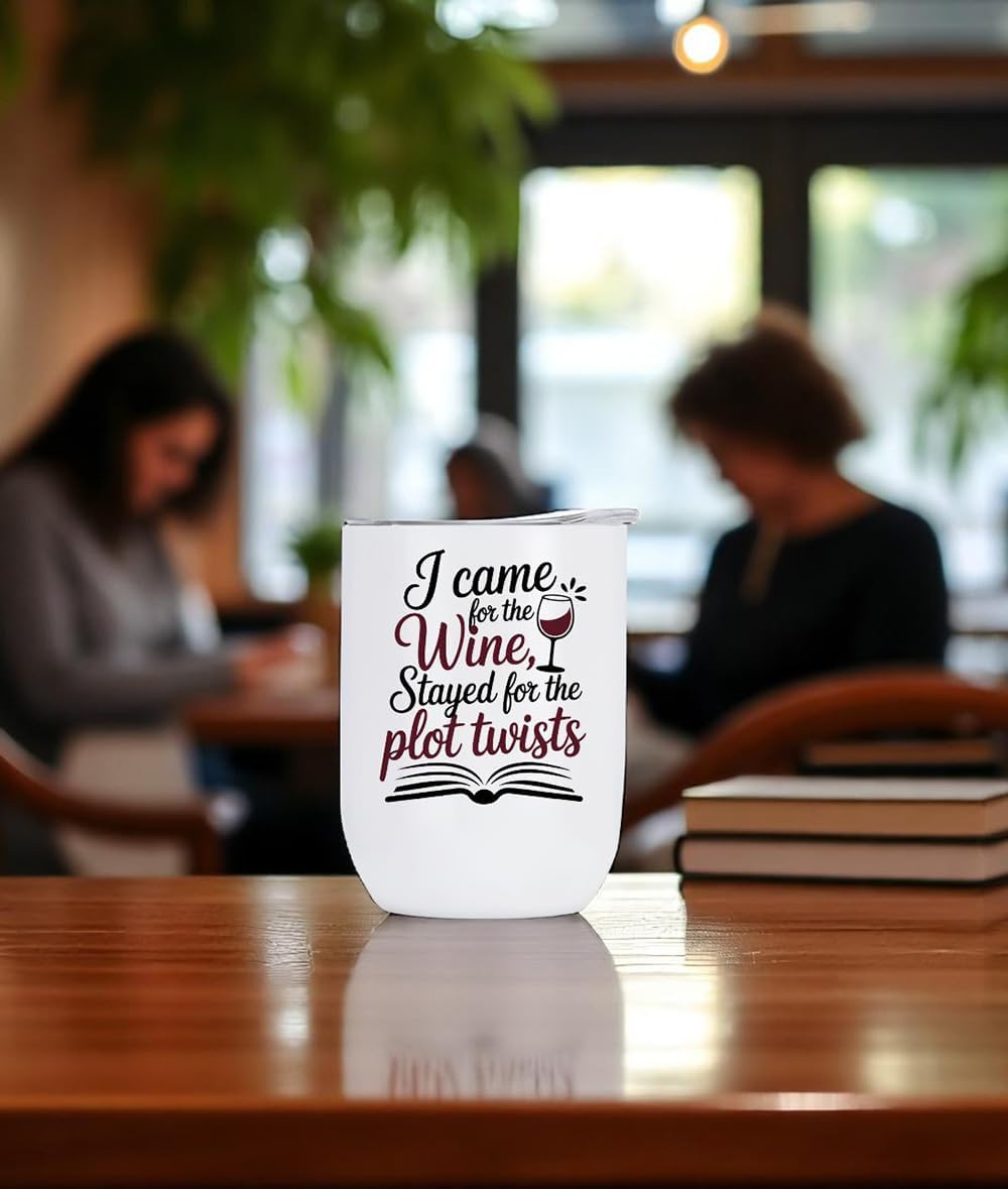 Book club gifts for women. 12oz Bookclub Wine Tumbler with Lid, Funny Bookish Cup for Book Lovers, Unique Gift Idea for Wine Nights and Literary Get-Togethers.