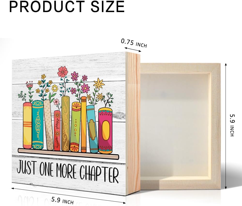 Just One More Chapter Bookish Wooden Box Sign, Bookish Desk Decor for Home Office Bathroom Library Shelf Bookshelf Wall, Book Lover Gifts for Readers Friends Sister, Reading Nook Sign