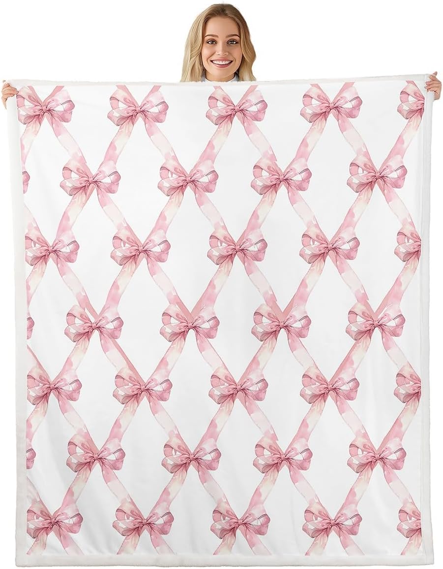 Manfei Pink Bowknot Flannel Blanket Dreamy Princess Style Kids Girls Fleece Throw Blanket for Room Decor,Watercolor Bow Geometric Grids White Bed Blanket for Bed Sofa Couch,Baby 30"x40"