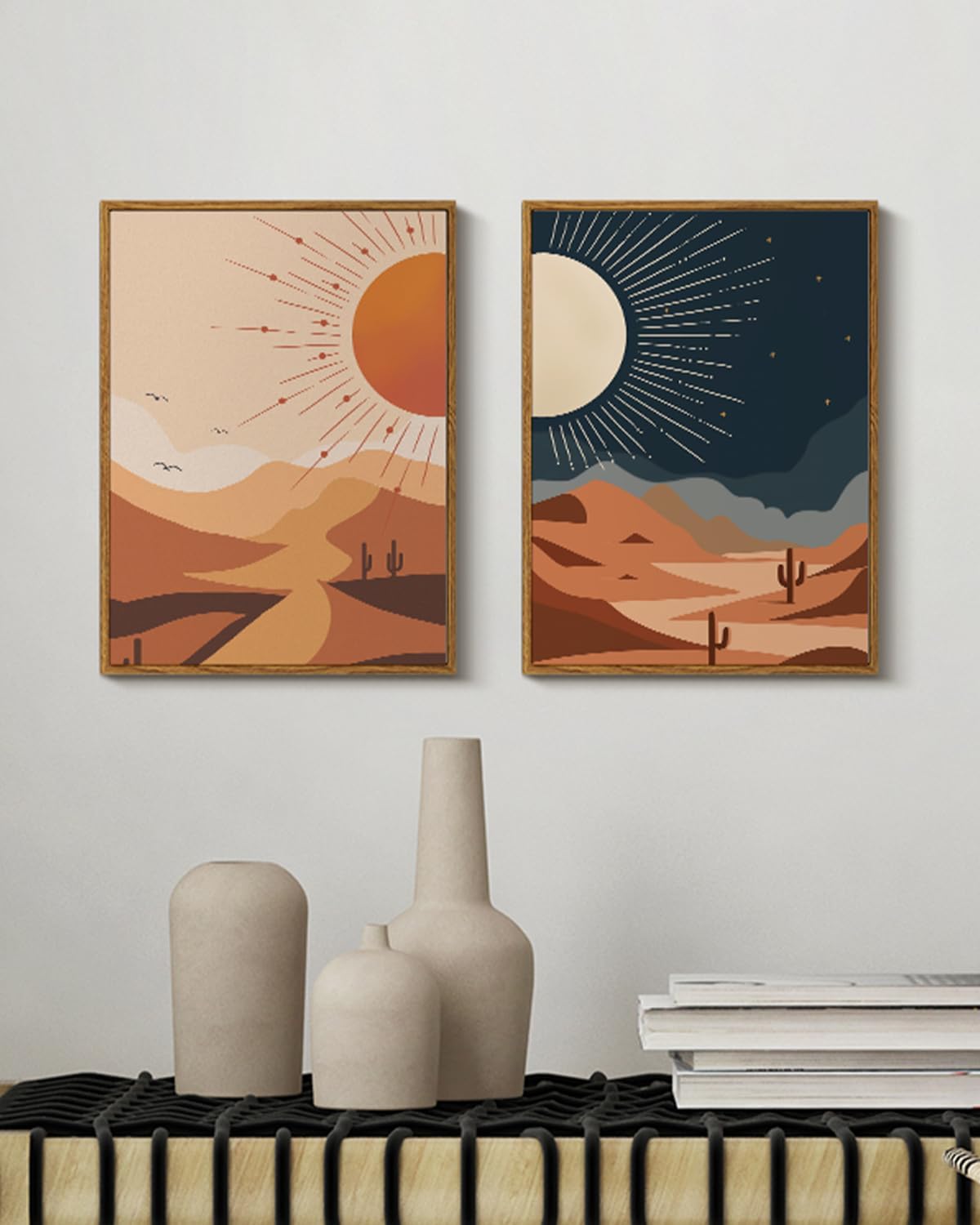 Boho Sun and Moon Wall Art Set 2 Piece Framed Canvas Prints, 12x16 Day & Night Abstract Modern Desert Landscape Artwork, Terracotta Minimalist Warm Earth Tones Bedroom Entryway Bathroom Decor