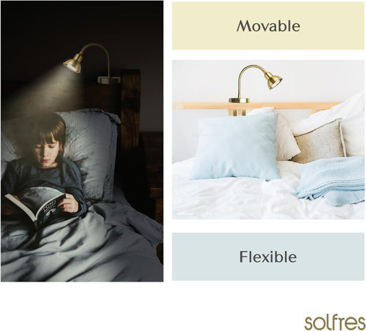 Solfres Patented Innovative Design Headboard Reading Light. No Drilling Golden Book Light for Bedtime Reading. Dimmable LED Book Reading Lamp with Bulb. Movable & Flexible, Gold