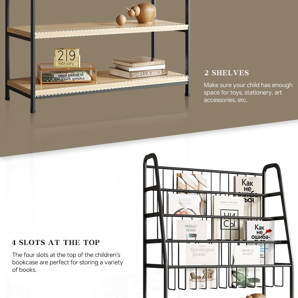 Bookshelf for Kids,Modern Magazine Rack Floor,Freestanding Bookcase for Books,Kids Picture Books,CD DVD & Vinyl Record Storage,Metal Display Shelf with Wooden Shelves(Black, L:31.5")