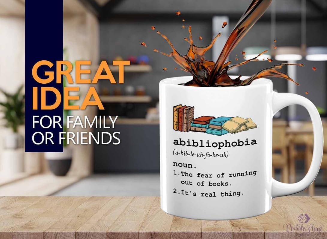 Reading Coffee Mug 11oz White - Abibliophobia Definition - Reader Gift Bookworm Owl Lover Cat Lover Book Lover Novelist Librarian Writer