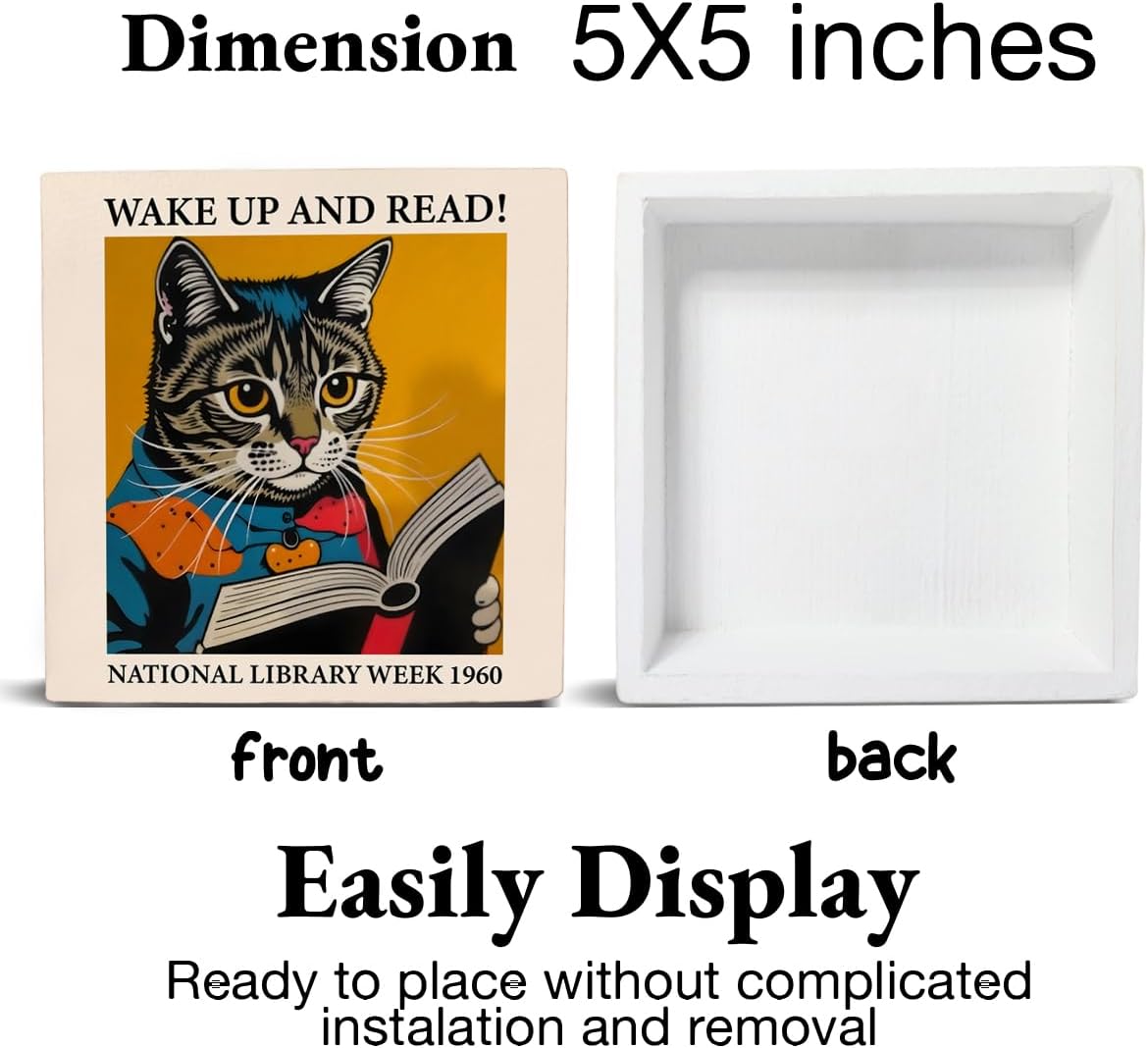 Cat Reading Sign Decor Wake Up and Read Wood Block Sign Inspiring Home Desk Table Shelf Decoration Reader Gift