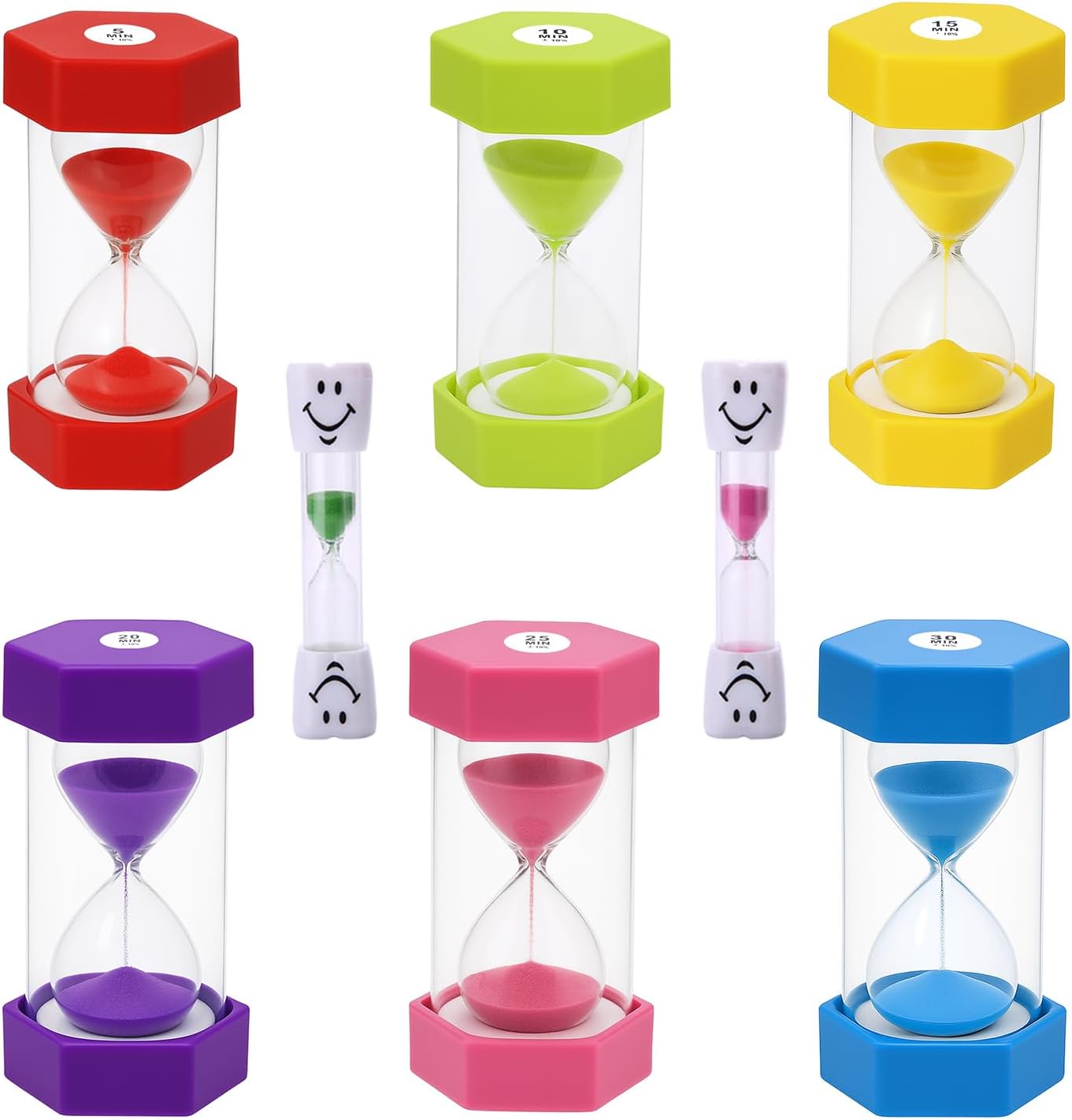 Hexagonal Sand Timer Set,8-Pack 2 to 30 Minute Colorful Plastic Hourglass for Kids Time Management,Classroom&Teachers,Durable Visual&Desk Decor Tool for Home Office