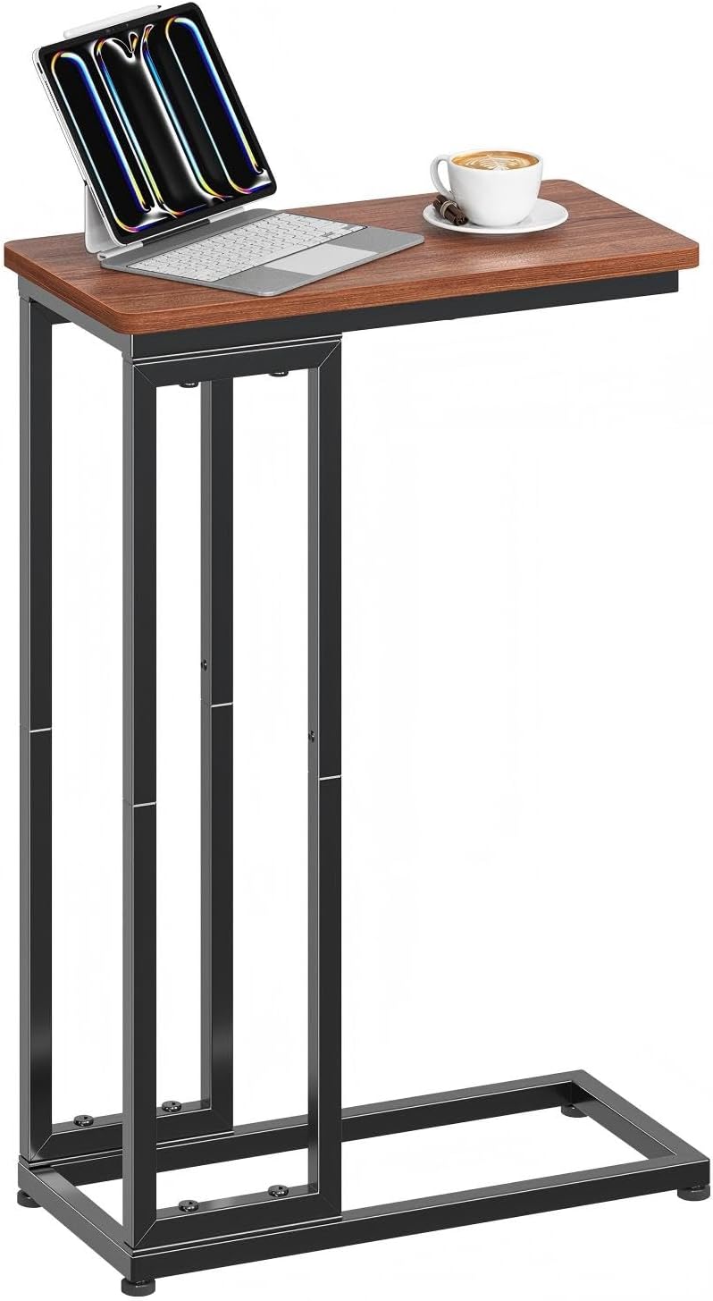 C Shaped End Table, Small Side Table for Couch, Sofa Table Snack Table with Metal Frame for Living Room, Bedroom, Rustic Brown
