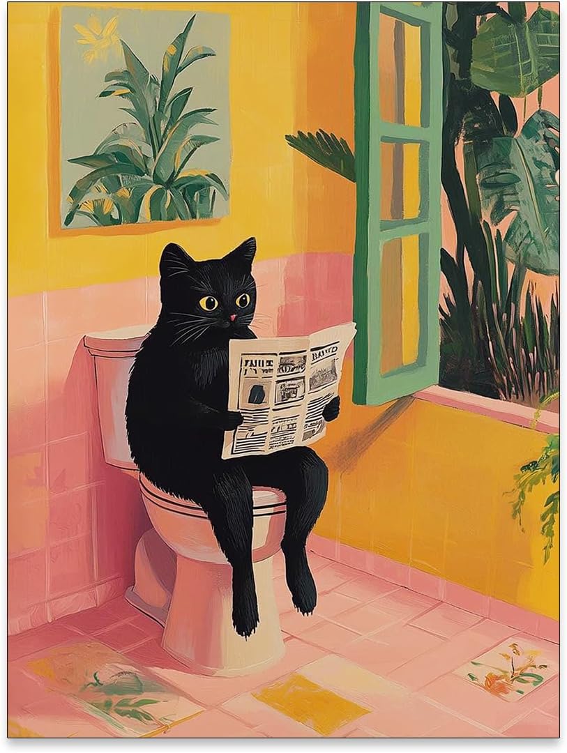 Jefuzh Black Cat Bathroom Wall Art Cat Sitting on Toilet Reading Newspaper Posters Funny Animal Pictures Prints for Toilet Showering Bath Wall Decor （12 x 16 inches Unframed）