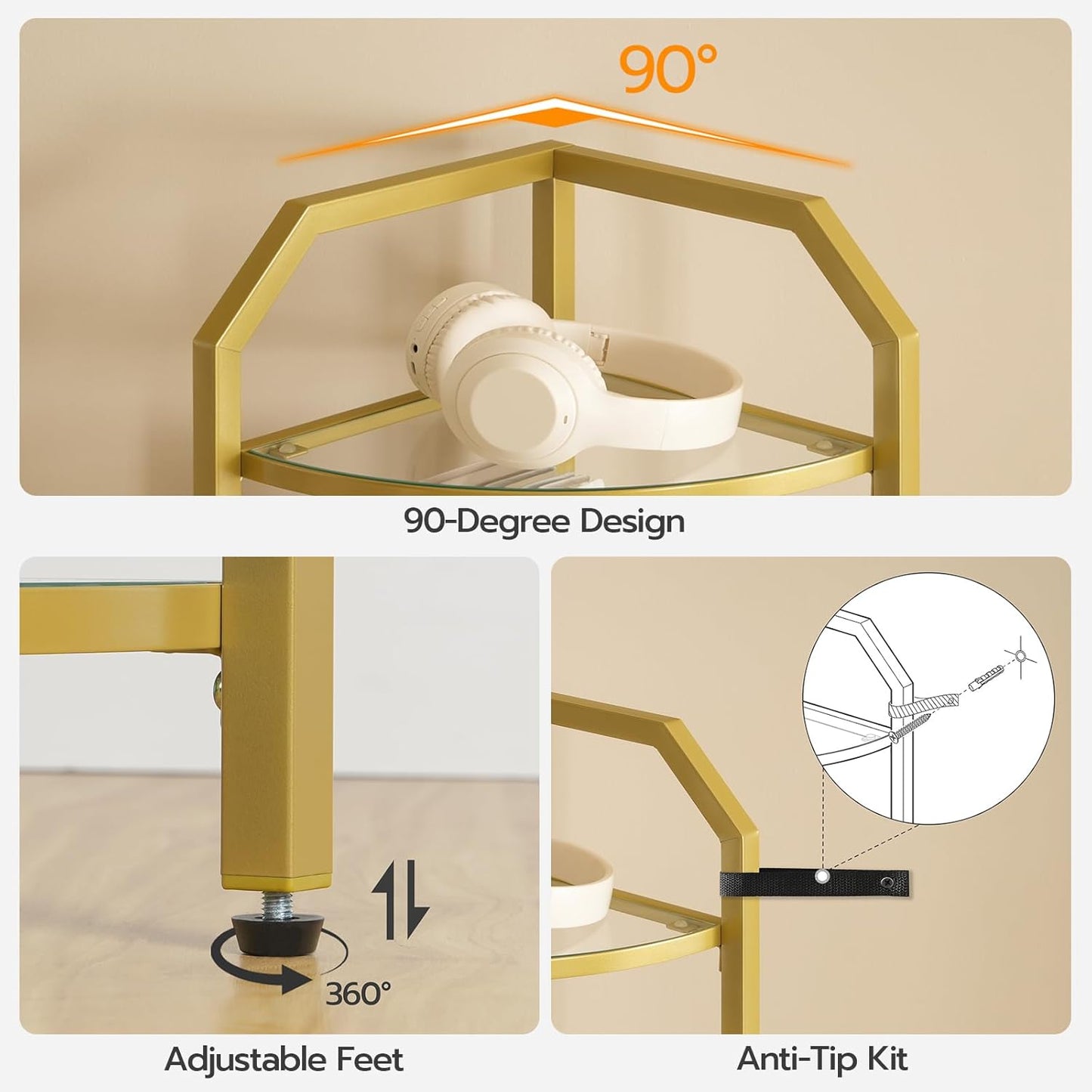 HOOBRO 5-Tier Corner Shelf Stand, Gold Corner Bookshelf, Tempered Glass Shelves, Bathroom Organizer, Corner Plant Stand, for Living Room, Study, Balcony, Home Office, Modern Style, Gold GD15CJ01