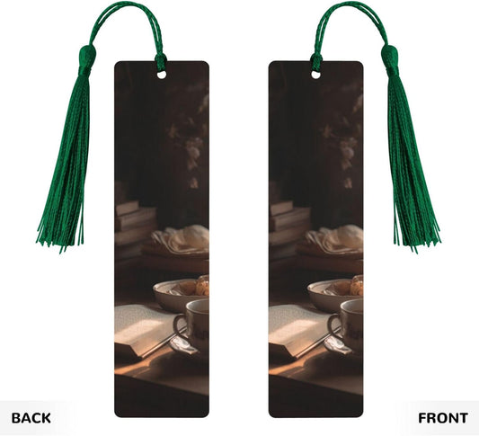 Drink Tea Bookmarks Gifts for Women Men, Wooden Bookmarks for Book Lovers, Vintage Book Marks Ornaments with Tassel, Unique Personalized Reading Page Markers Dark Green