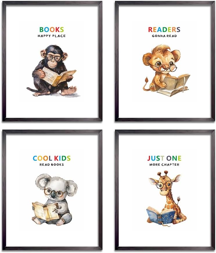 Cute Animal Reading Prints for Kids's Bedroom, Cool Kids Read Books Wall Art Poster | Motivational Quotes Painting Picture Artwork | Preschool Classroom & Library Home Decor 8x10in Unframed Set of 4