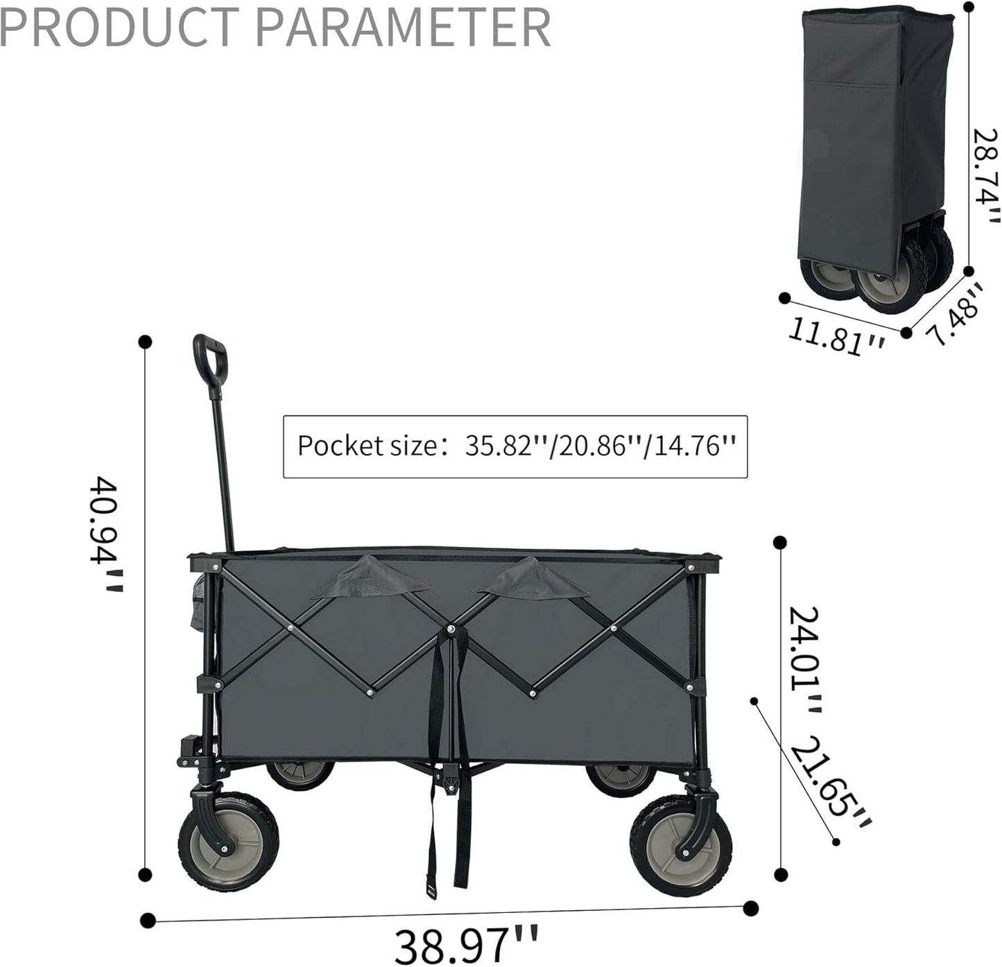 LKJYBG Steel Yard Cart Garden Wagon with Adjustable Handles 2 Cup Holders Wheels Collapsible Foldable Wagon Folding Utility Garden Cart for Garden Orchard Warehouse Cement Grey As Shown