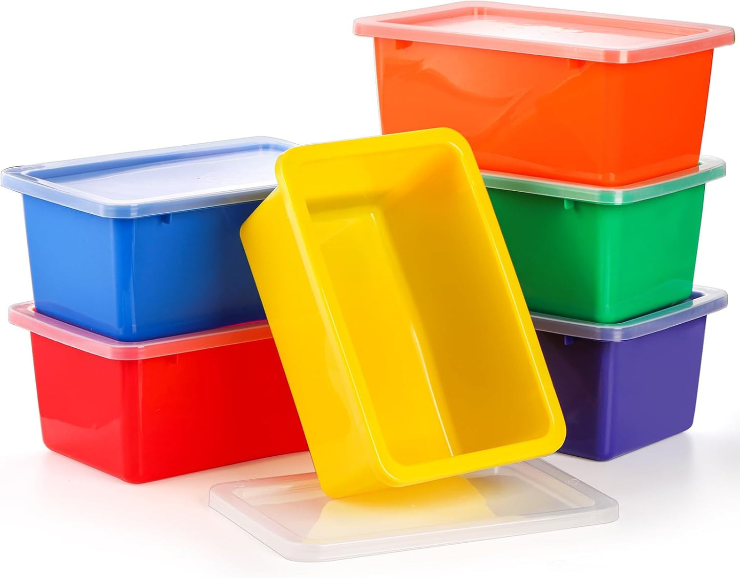 Nicunom 6 Pack Small Cubby Bins Storage Bins with Lids, 5 Qt Plastic Storage Bins Colorful Toy Storage Containers, Stackable Organizer Cubbies for Classroom Home