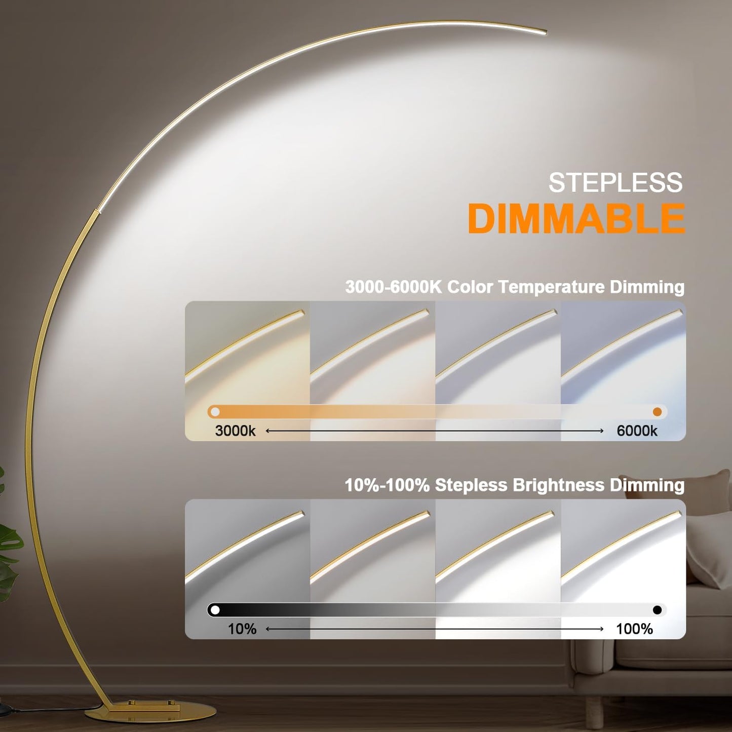 Dimmable LED Floor Lamp with 3 Color Temperatures, Ultra Bright 2000LM Gold Arc Floor Lamp, Modern Standing Tall Lamp with Remote Control Reading Floor for Bedroom Use Lamp for Office Classroom