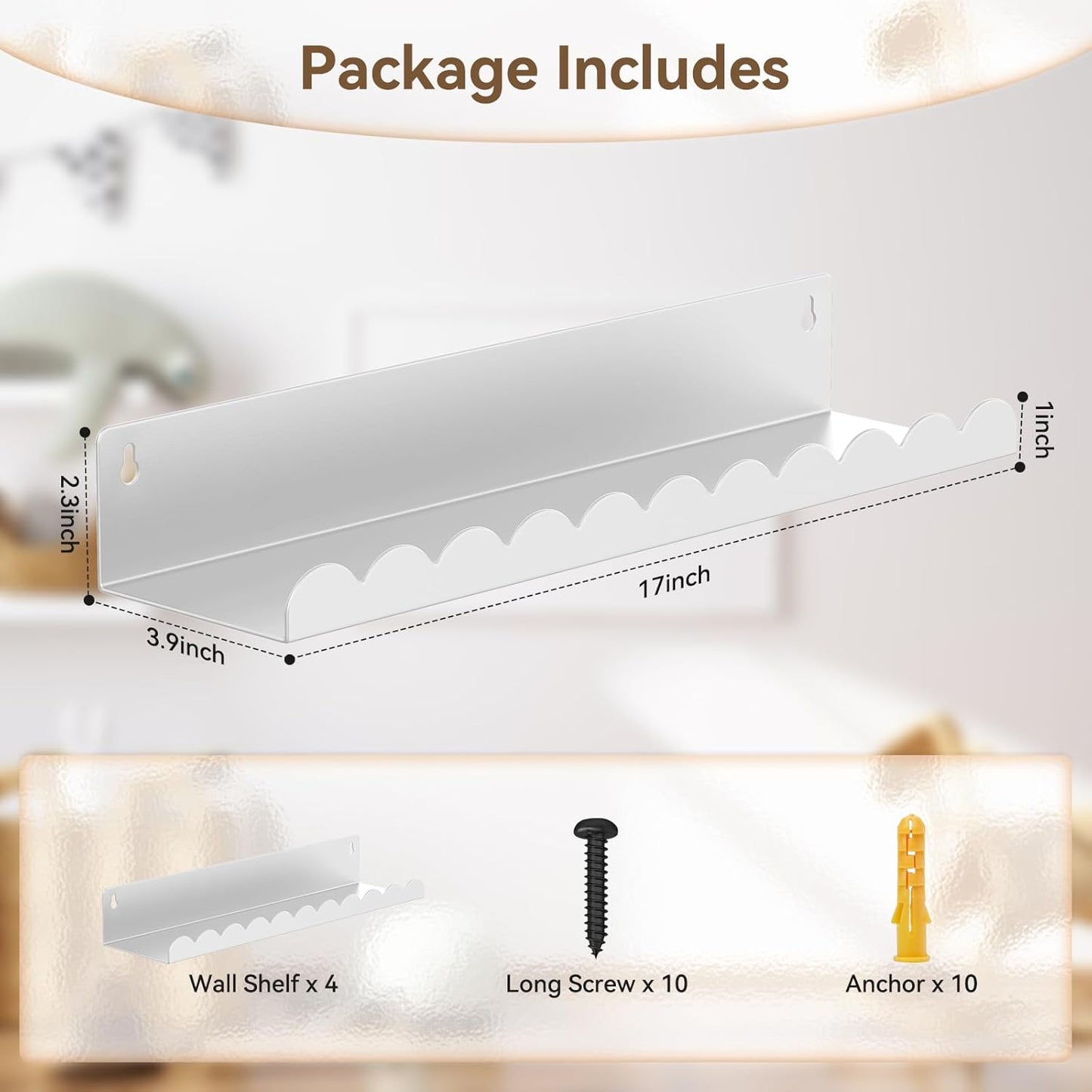 Nursery Book Shelves, 17 Inch Metal Floating Shelves for Wall 4 Pack, Scalloped Shelves, Wall Mounted Book Shelf for Kids Bedroom, Baby Room, Nursery Decor (White)