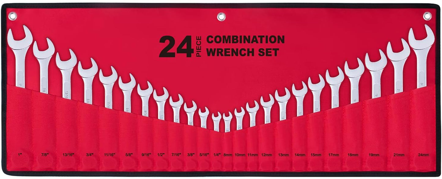 24-Piece All-Purpose Master Combination Wrench Set with Roll-up Pouch | SAE 1/4” to 1”, Metric 8mm to 24mm | Perfect for General Household, Garage, Auto Repairs, Car, Truck, Boat, and Travel Emergency