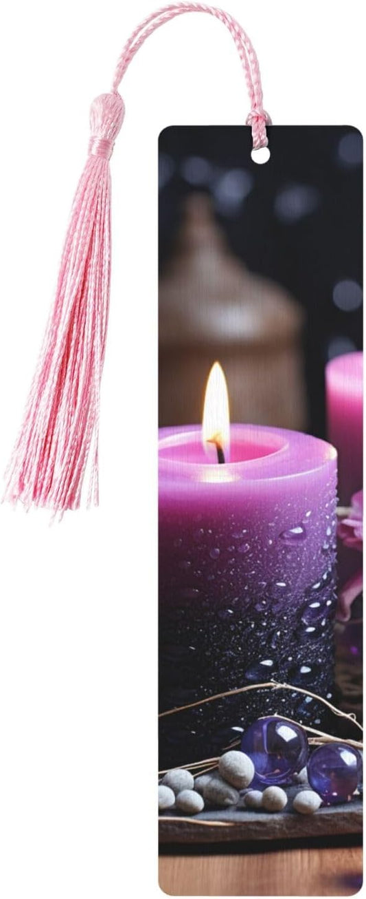 5 Pieces Wooden Bookmark for Men Women Reading Wooden Bookmarks Unique Handmade Wood Book Marks with Tassel Pendant Craft Purple Flowers and Candles Bookmark for Book Lovers Birthday Teachers Gift