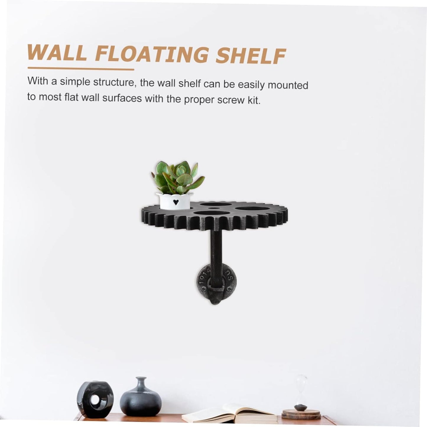 Gear Shaped Wall Floating Shelf 9.44X9.44X6.88In Vintage Industrial Style Wall Mounted Floating Shelf for Plants Books Bathroom Decor