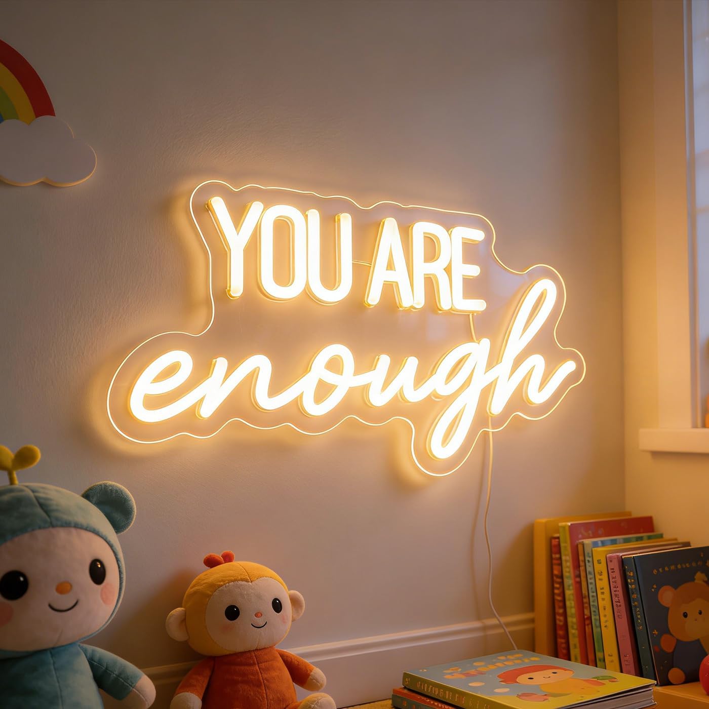 "You Are Enough" Neon Sign Word/Letters USB Powered with Dimmer Switch Neon Lights for Room Home Bar Art Wall Decor Party Window Living Room Decor Wall Hanging Decoration (warm white)