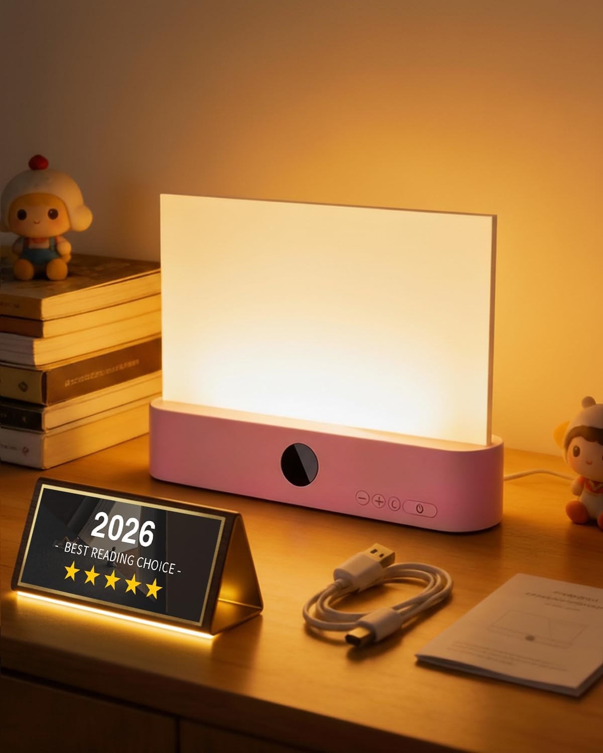 Book Light for Reading at Night Screen Flat Lamp LED Page Serene in Bed Rechargeable Smart Loght Little Lámpara Luz para Leer Libros De Noche Reader Mini Full Portable Kids Booklight (Pink)