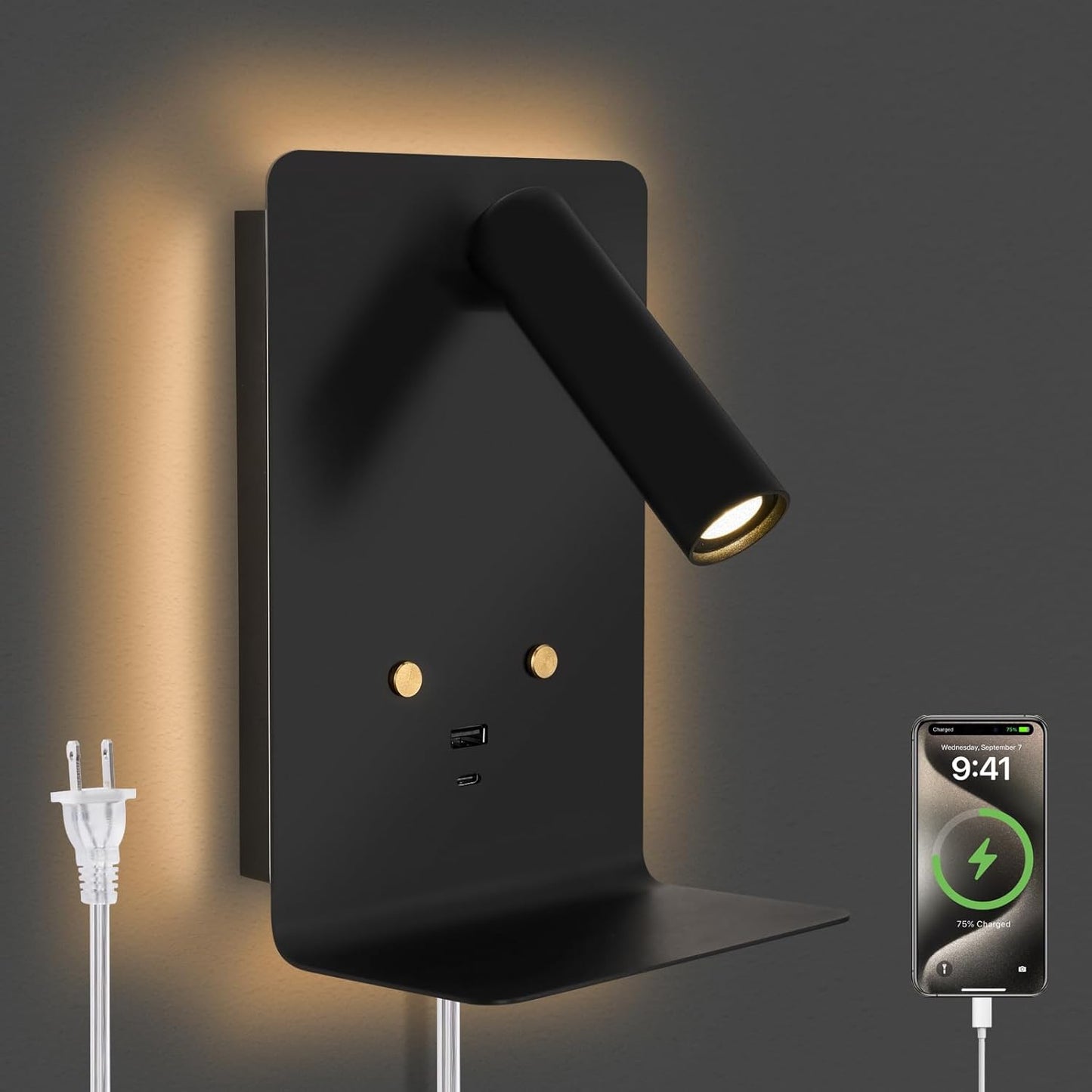 ZEROUNO LED Dimmable Wall Mounted Reading Light, Backlight Night Wall Lamp, Adjustable Headboard Plug in Wall Sconce with USB C+A Ports, LED Reading Light for Bedroom Bedside Lamps