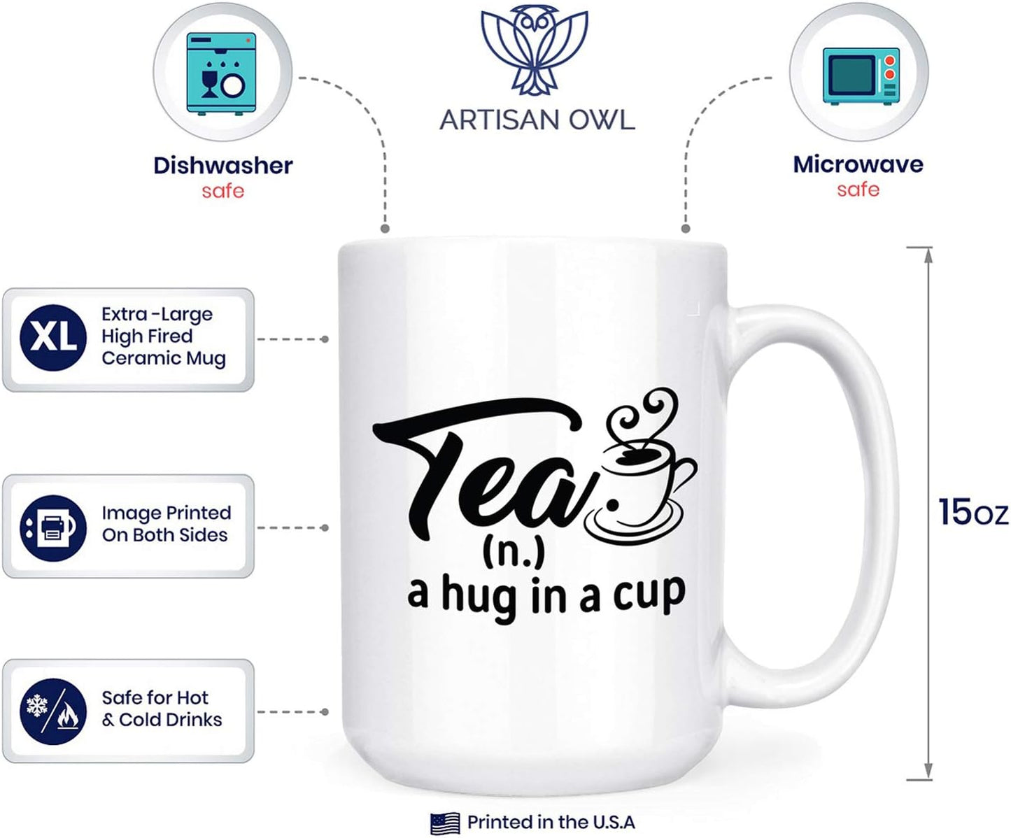 Artisan Owl Tea Lover Mug - A Hug in a Cup 15oz Ceramic Coffee Mug for Tea Drinkers, Book Lovers, Introverts, Homebodies
