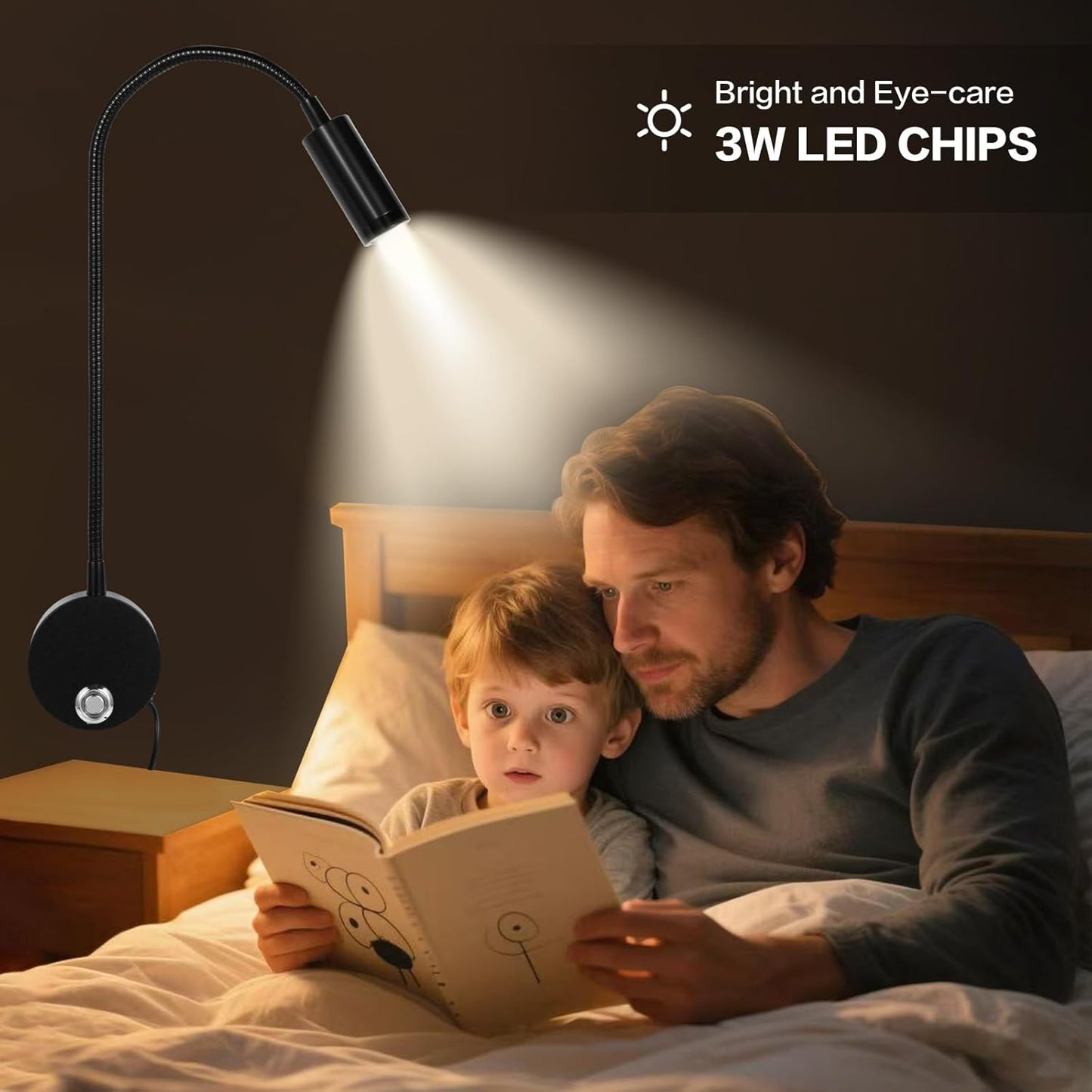 Reading Light for Bed, Wall Mounted Reading Lights with 15" Flexible Gooseneck, Touch Control, 3 Colors Temperature and Stepless Dimmable, Plug in Headboard Book Light(2 Pack)