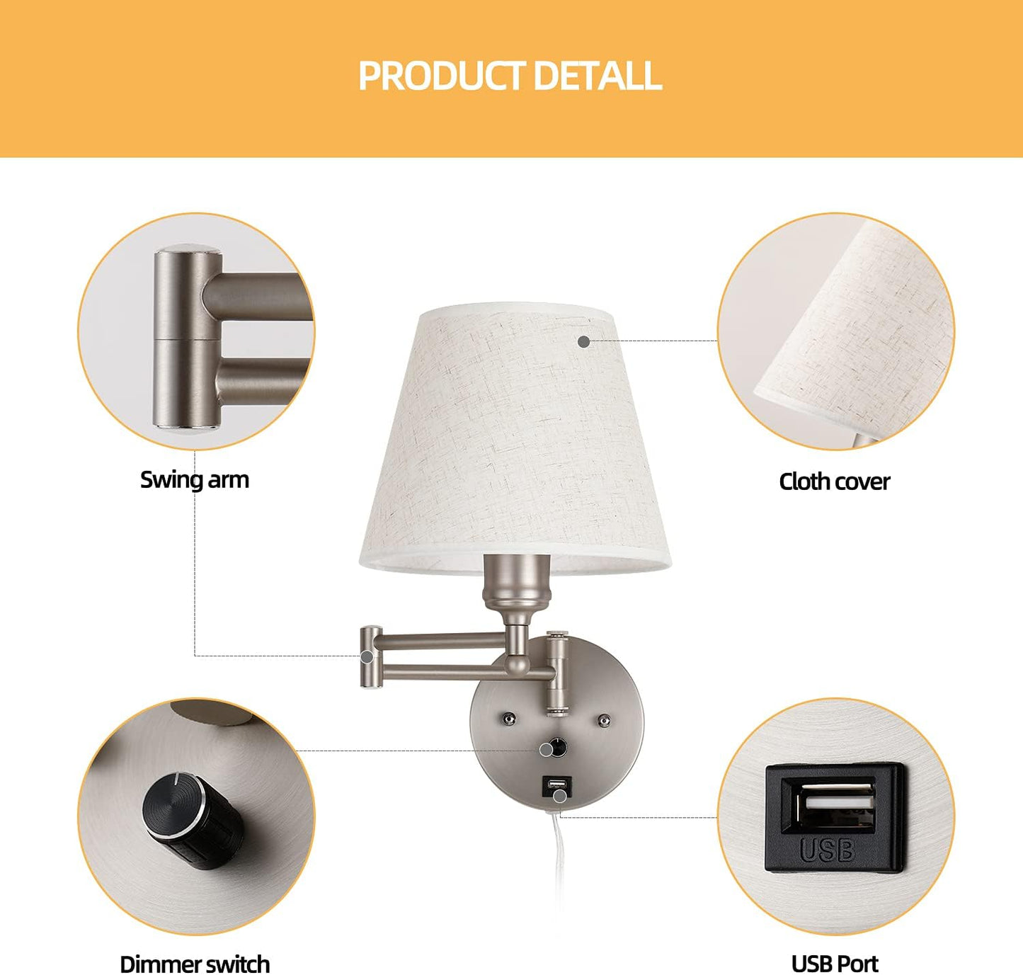 Swing Arm Wall Lamp Wall Mount Lamp with Cord Plug in Wall Sconce Lighting with Dimmable On Off Switch Wall Light with USB Port Plug in Wall Lamp for Bedroom Reading Satin Nickel Finish