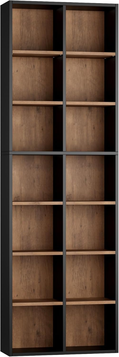 FOTOSOK 71'' Tall Bookshelf with 14 Cubes, 7 Tier Double Wide Wood Bookshelf with 6 Adjustable Shelves, 19.6" Narrow Bookcase DVD/CD Media Storage, Space Saving Display Shelf Cabinet, Black/Brown