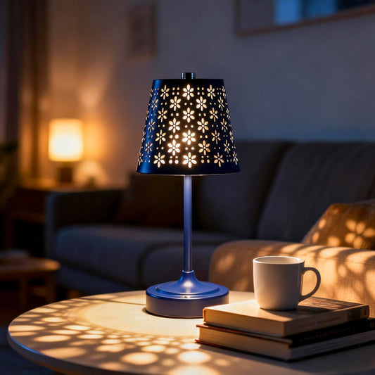 Rechargeable Cordless Table Lamp, Touch Control Battery Powered Bedside Lamp with Floral Cutout Shade, 3 Color Stepless Dimmable Decorative Nightstand Lamp for Bedroom (Navy Blue)