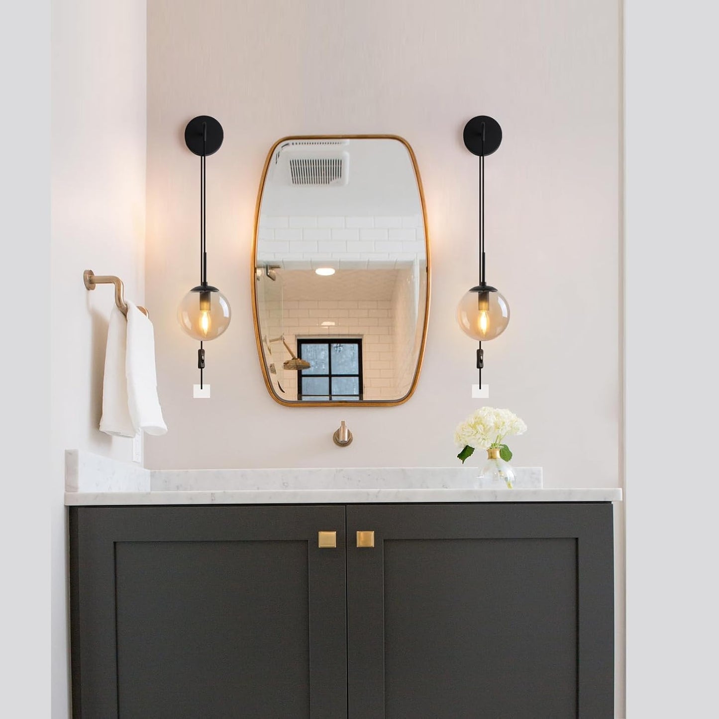 Wall Sconces Set of Two Matte Black 🔥🔥🔥 Wall Lights for Bedroom Plug in Wall Sconces Set of 2 with Globe Amber Glass Shade Indoor Wall Lamp with Plug in Cord Sconces Wall Decor Set of 2 with Switch