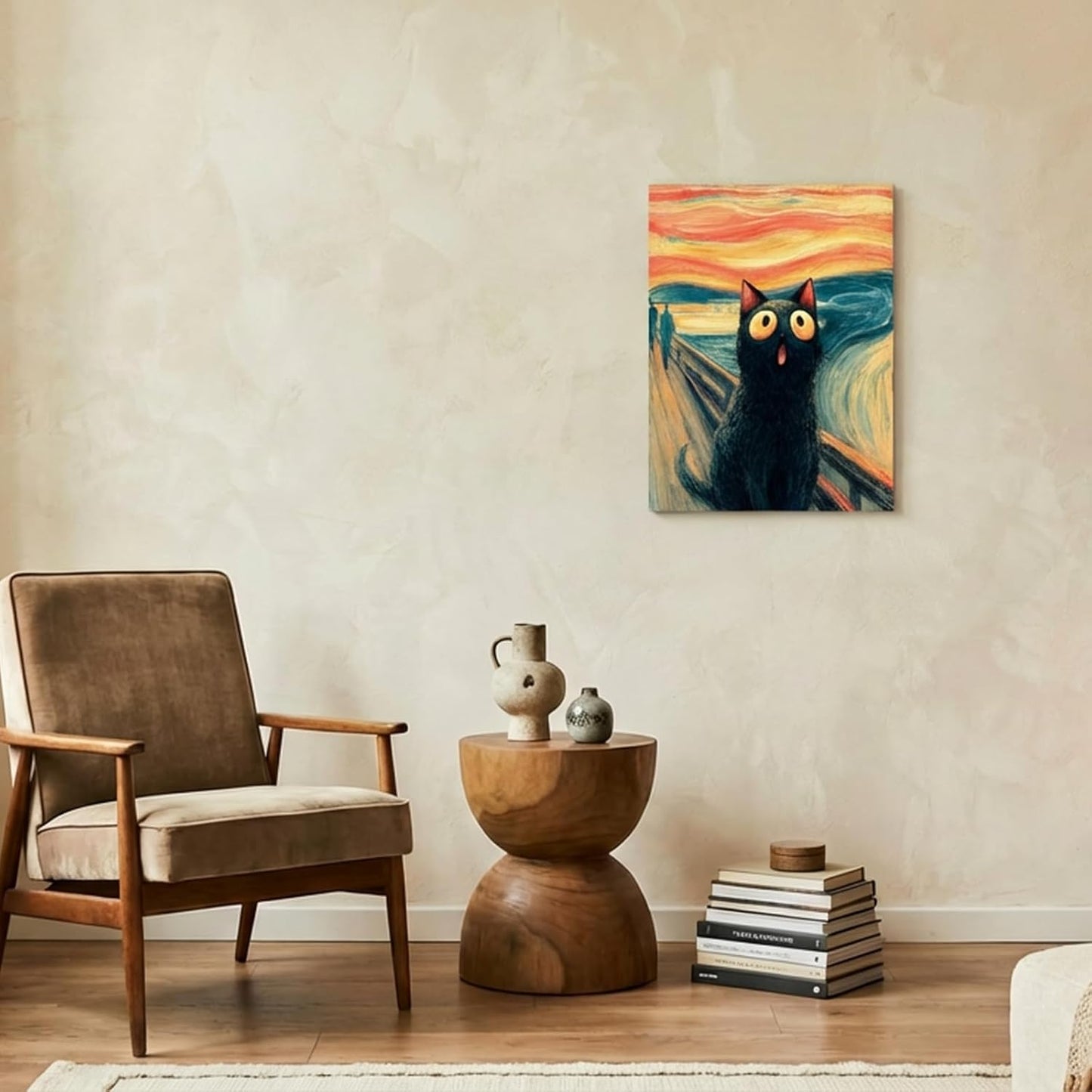 Solanica Humorous Cat Decor - The Scream Edvard Munch Parody Art, High Definition Black Cat Canvas Picture, Premium Matte Finish for Bathroom Toilet Wall, 12x16 Inch